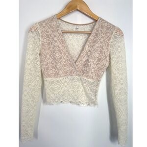Wilfred Dareau White Lace Wrap Crop‎ Top Long Sleeve Ivory Nude Lining Sz XS Y2K